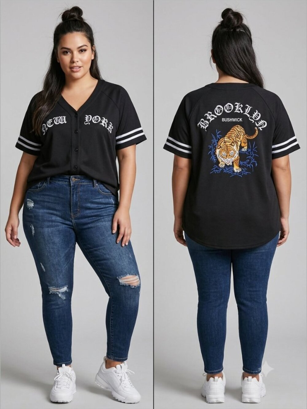 Forever 21+ Women's Size 0X Black New York Embroidered Tiger Baseball Jersey Top